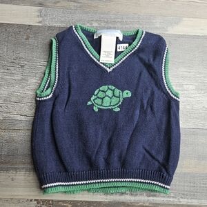 Janie and Jack Boy's Sweater Vest Navy Blue + Green Turtle 0-3 Months Layette